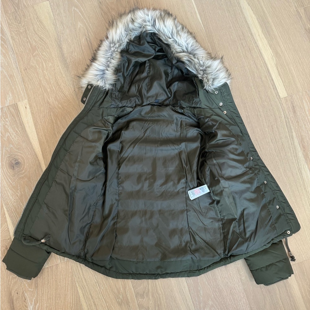 Topshop Fur Lined Puffer Coat Hood Winter Ski Jacket Womens Size Small Green - Picture 13 of 13